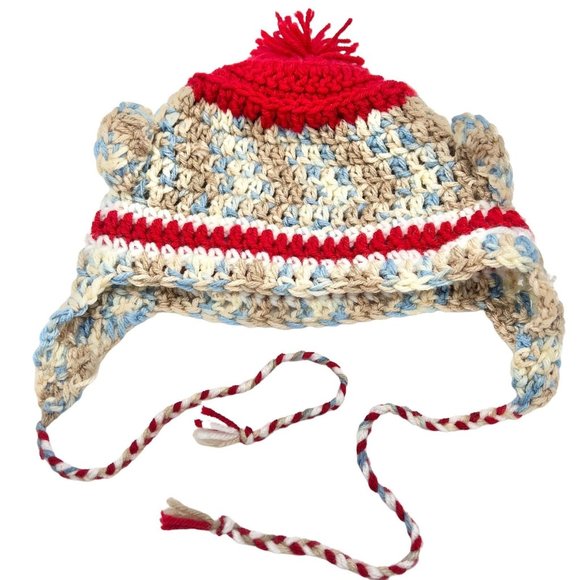Crochet Hat Blues Browns Red with Ear Flaps and Ties and Pom Pom - Picture 2 of 9